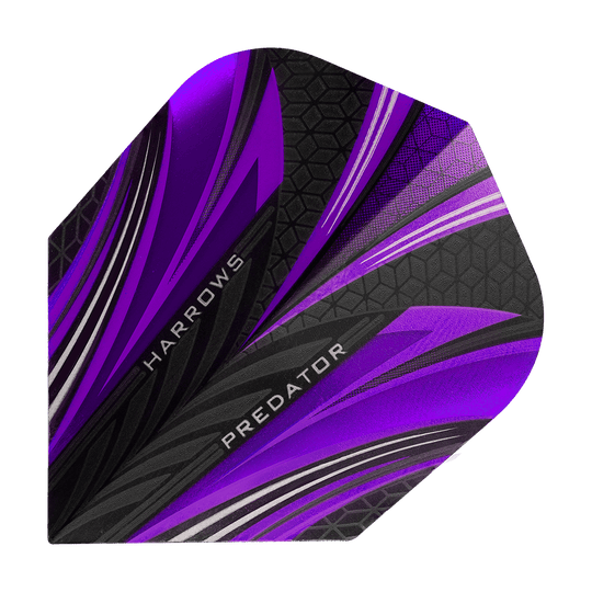HR7523_Harrows_Prime_Predator_Purple_No2_Standard_Flights_1 Dies ist ein Harrows Prime Predator Purple No2 Standard Flight für Dartpfeile. Das Flight hat ein auffälliges Design in Lila, Schwarz und Silber mit geometrischen Mustern.