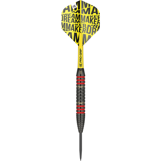 170007_Target_Dimitri_Van_Den_Bergh_Brass_Steeldarts_10vyhbiogUP10N Das Bild zeigt einen Target Dimitri Van Den Bergh Brass Steeldart mit einem Gewicht von 22g. Der Dart hat eine gelbe Flight mit dem Aufdruck "DREAMMAKER" und einen schwarz-roten Griff.