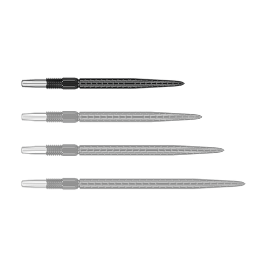 Target Swiss Point RVE dart tips - Black Auf dem Bild sind vier schwarze Dartspitzen mit silbernem Gewinde zu sehen. Sie liegen nebeneinander in einer horizontalen Reihe.