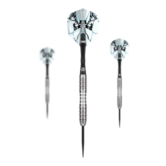 Das Bild zeigt ein Set der Shot AI Scorpula Steeldarts. Es handelt sich um professionelle Steeldarts für anspruchsvolle Spieler.