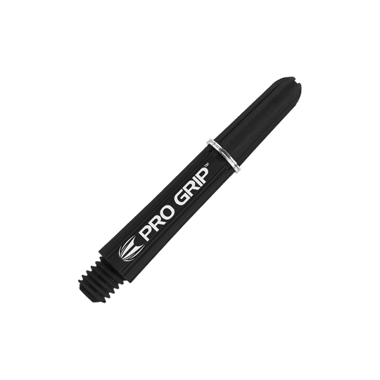 Target Pro Grip Shafts - 3 Sets - Black Das Bild zeigt einen schwarzen Pro Grip Schaft für Dartpfeile mit weißer Schrift. Der Schaft ist 34 mm lang und hat einen silbernen Ring.
