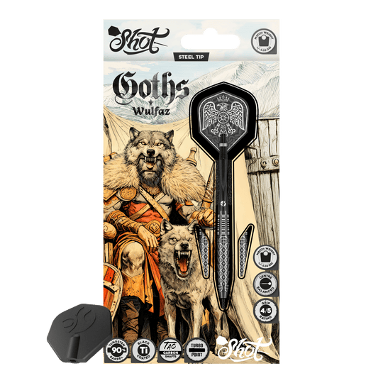 Shot Goths Wulfaz Turbo Point Steel Darts - 23g Das Bild zeigt die Shot Goths Wulfaz Turbo Point Steeldarts mit 23 Gramm. Diese Pfeile sind für das Steeldartspiel konzipiert.