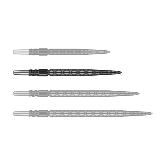 Target Swiss Diamond Pro Black Points dart tips Das Bild zeigt vier schwarze Dartspitzen mit silbernem Gewinde, die nebeneinander liegen. Die Spitzen haben eine rautenförmige Struktur entlang des Schafts.