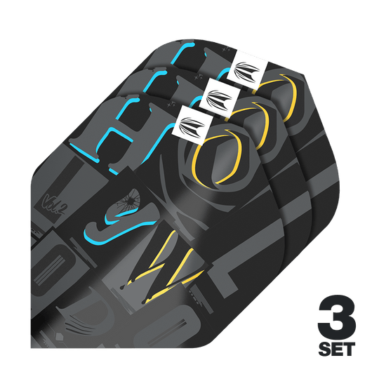 Target Pro Ultra Chris Dobey No2 Standard Flights - 3 Sets Das Bild zeigt drei Sets der Target Pro Ultra Chris Dobey No2 Standard Flights. Die Flights sind schwarz mit bunten Akzenten und moderner Grafik gestaltet.