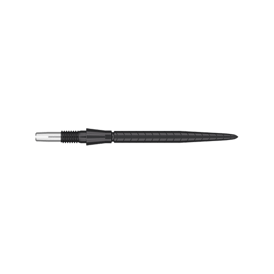 Target Swiss Storm Quartz Dart Tips - Black Das Bild zeigt eine schwarze Dartspitze mit feinen Rillen und einem schlanken Design. Die Spitze hat eine Länge von 30 mm und wirkt hochwertig verarbeitet.