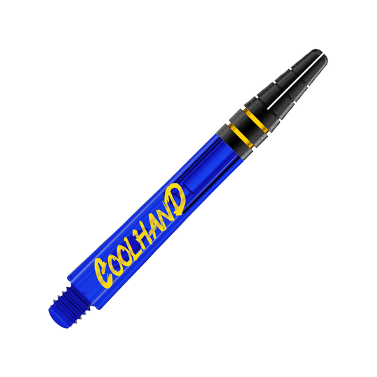 Red Dragon Nitrotech Luke Humphries Coolhand Shafts - Blue Dies ist ein blauer Dart-Schaft mit der gelben Aufschrift "COOLHAND". Am oberen Ende befinden sich zwei schwarze Ringe mit goldenen Akzenten.