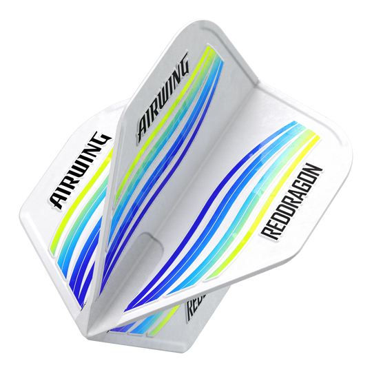 Red Dragon Airwing Blue Wave Standard Flights Das Bild zeigt die Red Dragon Airwing Blue Wave Standard Flights. Die Flights sind weiß mit blauen, gelben und grünen Wellenlinien und haben die Aufschriften "AIRWING" und "RED DRAGON".