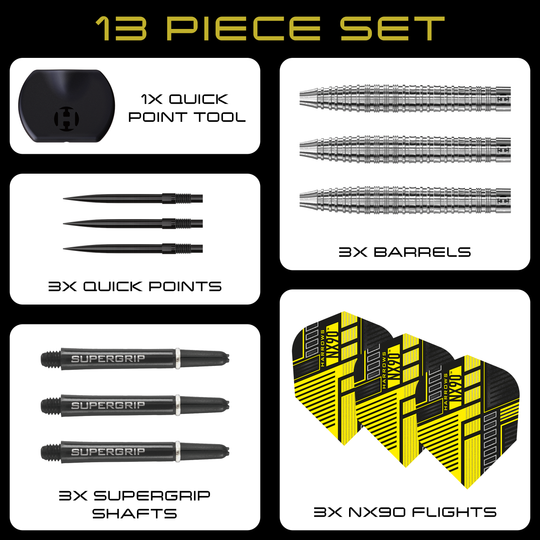 Harrows NX90 Tapered Quick Point Steel Darts Hier sieht man die Harrows NX90 Tapered Quick Point Steeldarts. Sie sind robust gebaut und bieten professionelle Leistung für Dartspieler.
