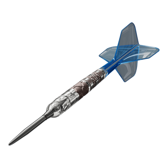 Auf dem Bild sind die Target Star Wars Mandalorian 95 Swiss Point Steeldarts zu sehen. Das Produkt verbindet Qualität mit einem einzigartigen Mandalorian-Look.
