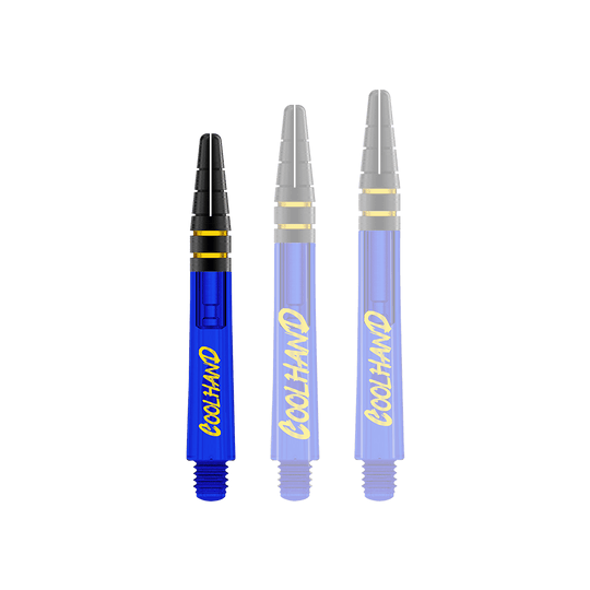 Red Dragon Nitrotech Luke Humphries Coolhand Shafts - Blue Auf dem Bild sind drei blaue Dartschäfte mit gelbem Schriftzug "COOLHAND" zu sehen. Oben haben sie schwarze Rillen mit goldenen Ringen.