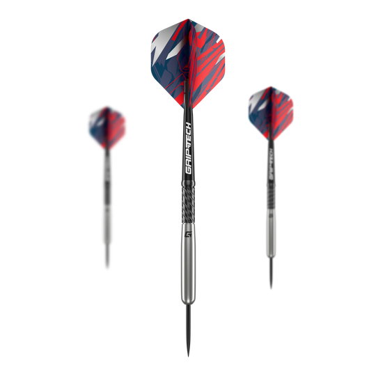 Das Bild zeigt drei GOAT Homerun Baseball Tungsten Steeldarts mit silbernem Schaft und bunten, rot-blauen Flights. Die Darts sind modern gestaltet und heben sich durch das auffällige Design ab.