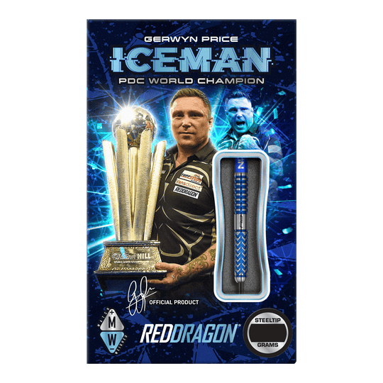Red Dragon Gerwyn Price Glacier steel darts Das Bild zeigt die Verpackung der "Red Dragon Gerwyn Price Glacier Steeldarts". Auf der Verpackung sind Gerwyn Price, ein großer Pokal und ein Steeldart abgebildet.