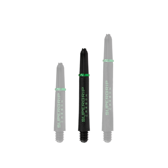 HR361_Harrows_Supergrip_Carbon_Shafts_Gr-n_40mm_1 Das Bild zeigt drei schwarze Harrows Supergrip Carbon Shafts mit grünen Akzenten in verschiedenen Längen. Sie sind speziell für den Einsatz bei Darts entwickelt.