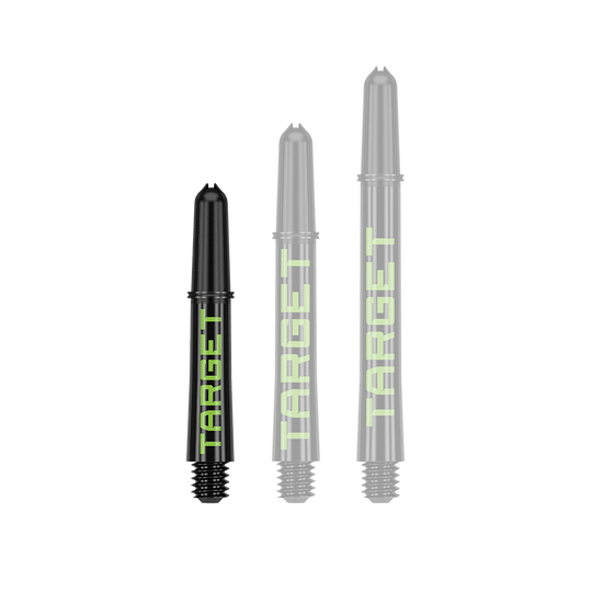 Target Pro Grip TAG Shafts - 3 Sets - Black Green Ein Dart-Schaft in schwarzer Grundfarbe wird einzeln abgebildet. Die Akzentfarbe hebt das Produkt hervor.