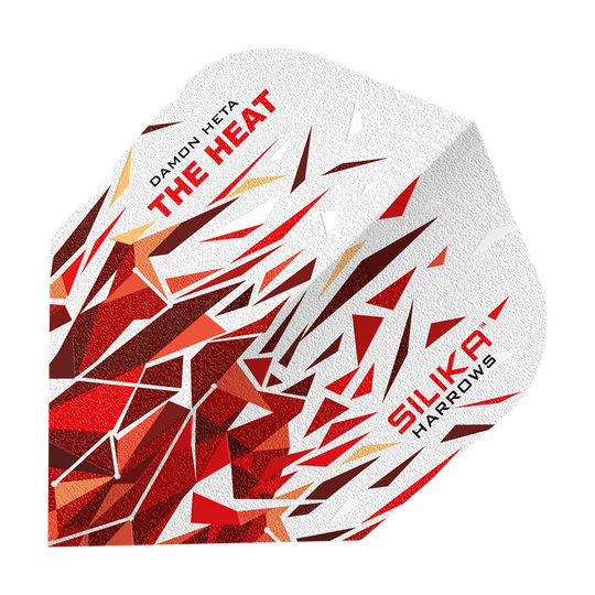 Harrows Silika Damon Heta 2 Solid Tough Crystalline Coating No6 Flights Das Bild zeigt einen Dart Flight mit dem Namen "Harrows Silika Damon Heta 2 Solid Tough Crystalline Coating No6". Das Design ist weiß mit roten und braunen, geometrischen Mustern und dem Schriftzug "THE HEAT" und "SILIKA HARROWS".