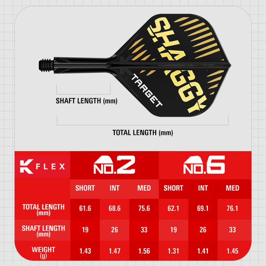Target K-Flex Scott Williams No2 Standard Flight Shaft System Das Bild zeigt das Produkt "Target K-Flex Scott Williams No2 Standard Flights" mit einem schwarzen und goldenen Design. Unten sind die Maße für verschiedene Längen und Gewichte der Flights in einer Tabelle dargestellt.