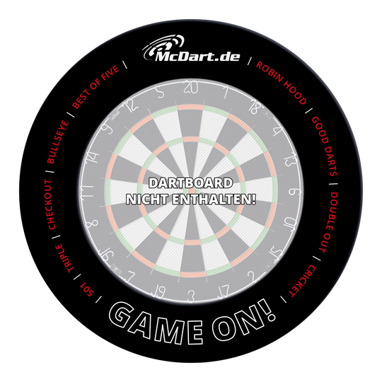McDart Game On Dartboard Surround Ein Dartboard-Surround ist auf dem Bild zu sehen. Es bietet Schutz für die Wand beim Dartspielen.