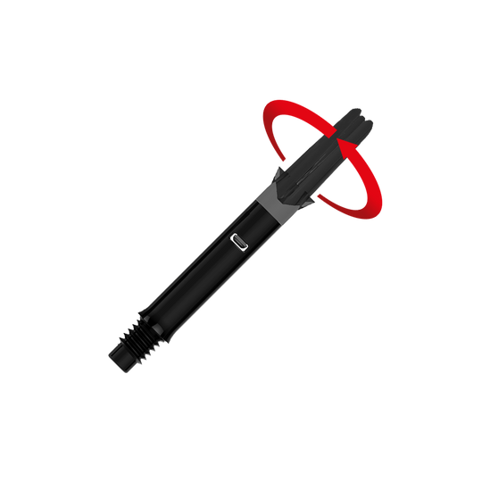 Das Bild zeigt einen schwarzen, geraden Dart-Schaft ohne Kappen. Ein roter Pfeil deutet eine Drehbewegung am oberen Ende des Schafts an.