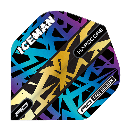 TF6826_Red_Dragon_Hardcore_Gerwyn_Price_Rainbow_Gold_Standard_Flights_1fOdtXX1SJg6sg Das Bild zeigt einen bunten Dartflight mit dem Schriftzug "ICEMAN" und auffälligen geometrischen Mustern in Blau, Lila und Gold. Auf dem Flight stehen außerdem die Begriffe "HARDCORE" und "RD PRO DESIGN".