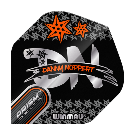 Winmau Prism Delta Danny Noppert Black Signature No2 Standard Flights Das Bild zeigt ein Dart-Flight mit dem Namen "Winmau Prism Delta Danny Noppert Black Signature No2 Standard Flights". Auf dem schwarzen Flight sind silberne und orangefarbene Sterne sowie der Name von Danny Noppert in orange geschrieben.