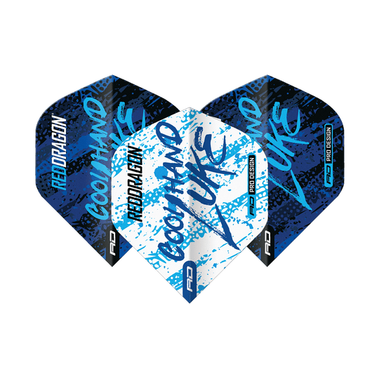 Red Dragon Luke Humphries World Champion Blue White Yin Yang Standard Flights Das Bild zeigt drei Dart-Flights mit dem Design "Red Dragon Luke Humphries World Champion Blue White Yin Yang". Die Flights sind in Blau, Weiß und Schwarz gehalten und tragen die Aufschrift "Cool Hand Luke".