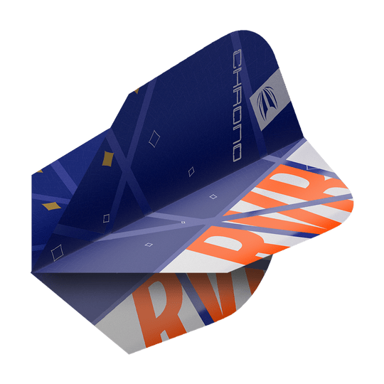 Target Pro Ultra Raymond Van Barneveld Chrono Ten-X Standard Flights - 3 sets Das Bild zeigt ein Dart-Flight aus der Serie "Target Pro Ultra Raymond Van Barneveld Chrono Ten-X Standard". Das Flight ist hauptsächlich blau mit orangefarbenen und weißen Akzenten sowie dem Schriftzug "RV" und "CHRONO".