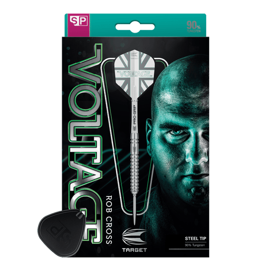 Das Bild zeigt die Verpackung der "Target Rob Cross Voltage Swiss Point Steeldarts". Auf der Verpackung sind ein Dartpfeil und das Gesicht eines Mannes prominent abgebildet.