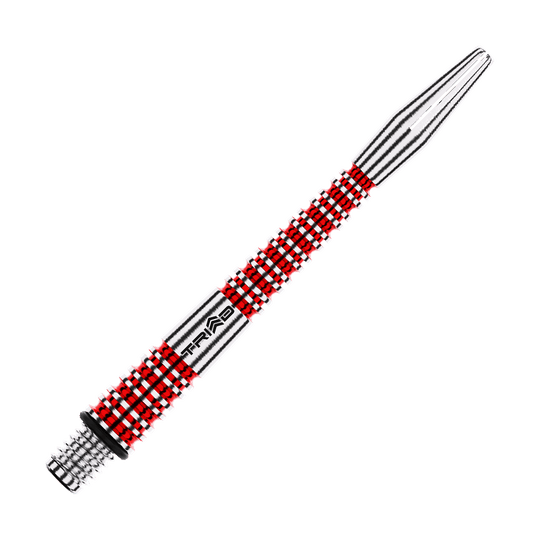 Das Bild zeigt einen rot-silbernen Aluminium-Dartschafte mit dem Schriftzug "TRIAD". Die Oberfläche ist strukturiert und bietet einen guten Halt.