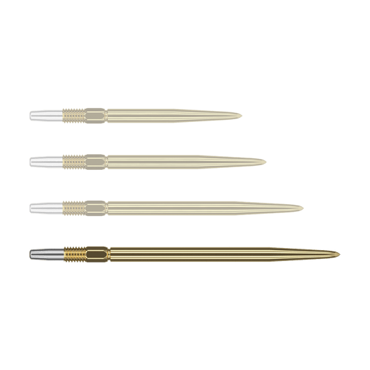 Target Swiss Point Gold dart tips Auf dem Bild sind vier goldfarbene Dartspitzen zu sehen, die nebeneinander liegen. Die Spitzen haben einen silbernen Abschnitt am linken Ende und sind ansonsten komplett goldfarben.