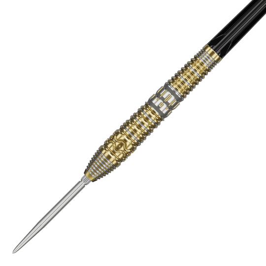 Target Japan Hot Shot GEN2 steel darts - 23g Das Bild zeigt einen Target Japan Hot Shot GEN2 Steeldart mit einem Gewicht von 23g. Der Steeldart hat ein auffälliges Design mit goldenen und silbernen Rillen und Mustern am Barrel.