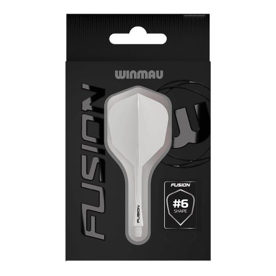 Das Bild zeigt das Winmau Fusion Flight-Shaft-System No6 Solid White. Es handelt sich um ein weißes Dart-Zubehör.