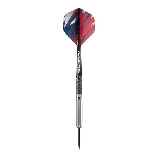 Das Bild zeigt den GOAT Homerun Baseball Tungsten Steeldart. Der Dart hat auffällige Flights in Rot, Blau und Weiß sowie einen silbernen Schaft mit der Aufschrift "GRIP-TECH".