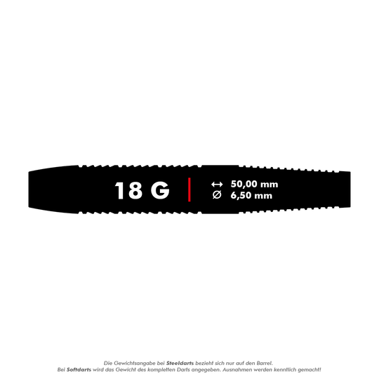 170015_Target_Raymond_Van_Barneveld_Brass_Softdarts_5_18g Das Bild zeigt die Maße eines Target Raymond Van Barneveld Brass Softdarts mit einem Gewicht von 18 Gramm. Der Dart ist 50,00 mm lang und hat einen Durchmesser von 6,50 mm.