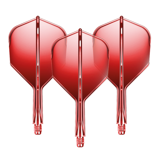 Auf dem Bild sind drei rote Dart-Flights mit Shafts zu sehen. Sie sind gleichmäßig nebeneinander angeordnet und glänzen leicht.