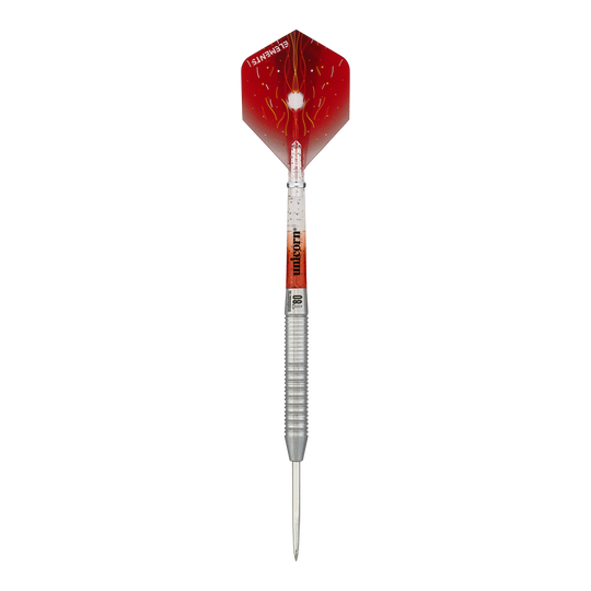 Das Bild zeigt einen Unicorn Core XL Striker Style 1 Steeldart mit einem Gewicht von 22 Gramm. Der Dart hat eine silberne Spitze und einen roten Flight mit auffälligem Muster.