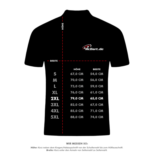 HRS-26036Harrows_Paragon_Dartshirts_5_XXL Das Bild zeigt die Größenübersicht für das Harrows Paragon Dartshirt in Rot. Es sind die Maße für Höhe und Breite in Zentimetern für verschiedene Größen (S bis 5XL) dargestellt.