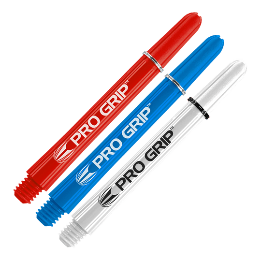 Das Bild zeigt drei Dartschäfte in den Farben Rot, Blau und Weiß. Auf jedem Schaft steht der Schriftzug "PRO GRIP".