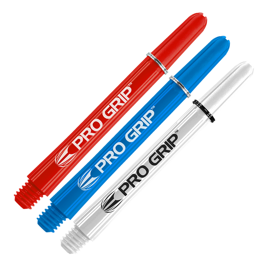 Target Pro Grip Shafts - 3 Sets - Red Blue White Das Bild zeigt drei Dartschäfte in den Farben Rot, Blau und Weiß. Auf jedem Schaft steht der Schriftzug "PRO GRIP".