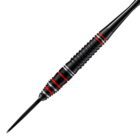 Das Bild zeigt einen Harrows Fire High Grade Alloy Steeldart. Der Dart ist schwarz mit roten und silbernen Ringen.