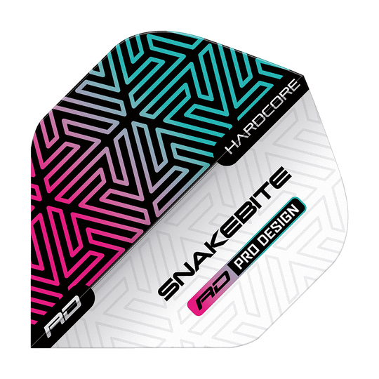 TF6842_Red_Dragon_Hardcore_Peter_Wright_Snakebite_White_Rainbow_Standard_Flights_1yVwJKB1udXLjj Das Bild zeigt ein Dartflight mit farbenfrohem, geometrischem Muster in Schwarz, Pink und Türkis. Auf dem Flight stehen die Wörter "SNAKEBITE", "HARDCORE" und "RD PRO DESIGN".