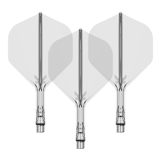 Target K-Shift No2 Standard Flights - Clear Das Bild zeigt ein Set von Target KShift No2 Standard Flights, klar, mit einer Größe von 19mm. Das Produkt ist ein Zubehör für Darts.