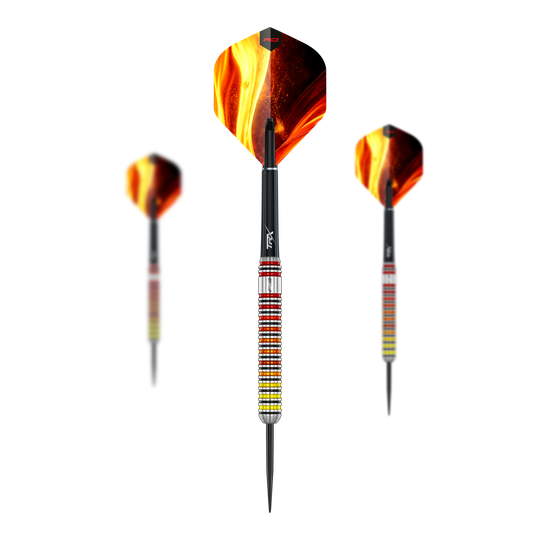 Red Dragon Furnace Steel Darts Hier sehen Sie das Set der Red Dragon Furnace Steeldarts. Die Darts sind in einer geordneten Anordnung dargestellt.