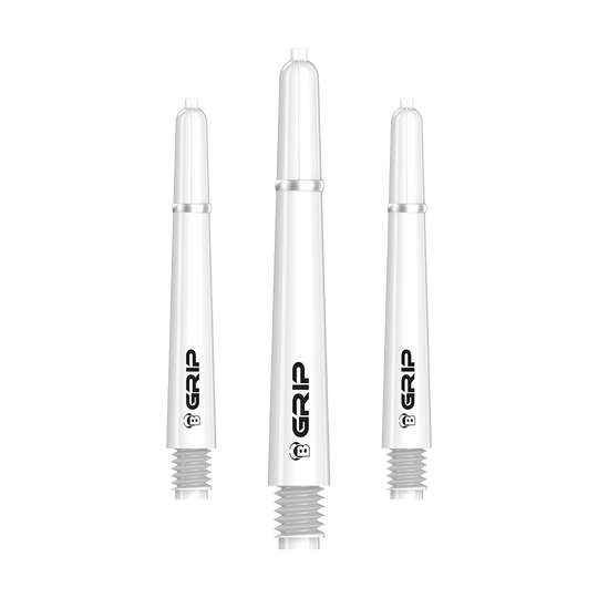 Das Bild zeigt drei weiße Dartschäfte des Produkts "Bulls B-Grip-2 SL Shafts - Weiß". Auf den Schäften steht das Wort "GRIP" in schwarzer Schrift.
