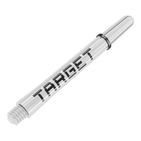 Target Pro Grip TAG Shafts - 3 Sets - White Das Bild zeigt einen weißen Dart-Schaft mit der Aufschrift "TARGET". Der Schaft ist aus Kunststoff und hat ein Schraubgewinde am Ende.