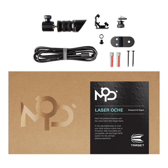Target MOD Laser Oche Das Bild zeigt das Produkt „Target MOD Laser Oche“ mit allen enthaltenen Teilen, wie Kabel, Schrauben und Montagematerial. Die Verpackung liegt im Vordergrund und trägt die Produktbezeichnung sowie eine kurze Beschreibung.