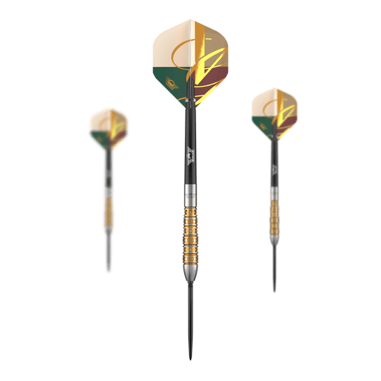 Das Foto zeigt ein Set der Bulls NL Vintago Bomb Convertible Point Steeldarts. Dieses Produkt ist für Dartspieler konzipiert.