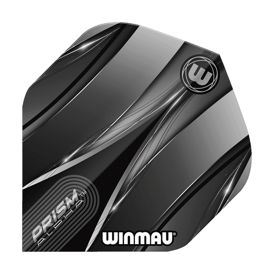 Winmau Alpha Sniper Black Standard Flights Das Bild zeigt einen Winmau Alpha Sniper Black Standard Flight für Darts. Das Design ist überwiegend schwarz und silber mit stilisierten Linien und dem Winmau-Logo.