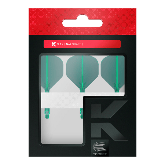 Target K-Flex No2 Standard Flight System - Green Dart-Flights mit gleichmäßiger Flächenstruktur und definierter Form sind abgebildet. Die Produkte liegen sortiert neben- und übereinander.