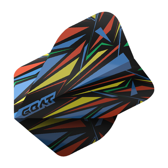 Das Bild zeigt das Produkt "GOAT Athlete Blue No2 Standard Flights". Die Flügel haben ein farbenfrohes, abstraktes Muster mit Blau, Gelb, Rot, Grün und Schwarz.