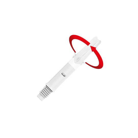 L-L-Style-Shafts Silent Straight - White Das Bild zeigt einen weißen Dartshaft ohne Kappen. Ein roter Pfeil deutet eine Drehbewegung an der Spitze des Shafts an.